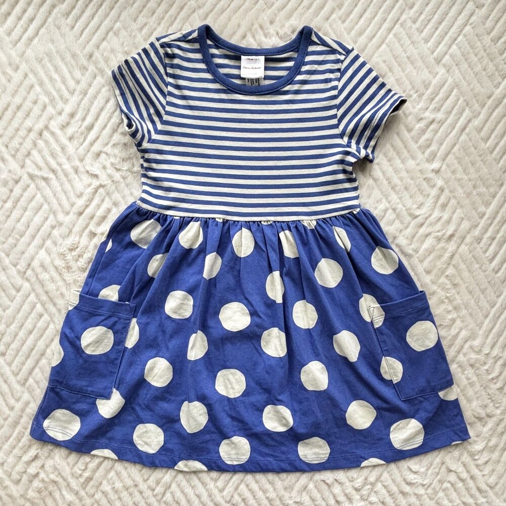 Hanna Andersson Girls Size 5 Blue Stripe Polka Dot Pocket Dress Cotton